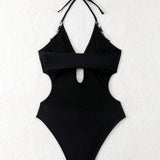 Swim Traje De Bano De Una Pieza Con Flecos De Encaje De Bloqueo De Color Y Cuello Halter, Para El Verano, La Playa Y La Natacion