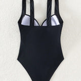 Swim Traje De Bano De Una Sola Pieza Plisado De Color Solido Para Mujer Con Tirantes