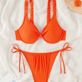 Swim Conjunto de bikini solido de verano con escote en V para playa y bano