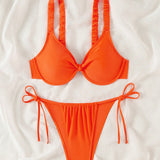 Swim Conjunto de bikini solido de verano con escote en V para playa y bano