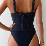 Swim Conjunto de tankini para mujer con detalles de encaje contrastantes, espagueti con tirantes ajustables, y cierre trasero de corbata para playa de verano