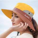 1 pieza Gorra de cubo de a para mujeres con proteccion solar multicolor, diseno de doble color con bordado, cuerda a prueba de viento, diseno transpirable y agujero para cola de caballo