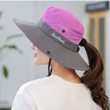 1 pieza Gorra de cubo de a para mujeres con proteccion solar multicolor, diseno de doble color con bordado, cuerda a prueba de viento, diseno transpirable y agujero para cola de caballo