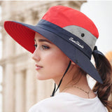 1 pieza Gorra de cubo de a para mujeres con proteccion solar multicolor, diseno de doble color con bordado, cuerda a prueba de viento, diseno transpirable y agujero para cola de caballo