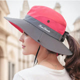 1 pieza Gorra de cubo de a para mujeres con proteccion solar multicolor, diseno de doble color con bordado, cuerda a prueba de viento, diseno transpirable y agujero para cola de caballo