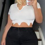 SXY Plus Size Women's Solid Color Asymmetrical Hem Short Sleeve T-Shirt