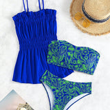 Swim Vcay Conjunto De 3 Piezas De Traje De Bano De Mujer, Que Incluye Top Bandeau Y Pantalon, Y Camiseta Para Cubrir, Todo Con Estampado Floral Y Color Liso. Ideal Para Verano, Playa, Luna De Miel, Viaje, Vacaciones Y Piscina.