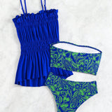 Swim Vcay Conjunto De 3 Piezas De Traje De Bano De Mujer, Que Incluye Top Bandeau Y Pantalon, Y Camiseta Para Cubrir, Todo Con Estampado Floral Y Color Liso. Ideal Para Verano, Playa, Luna De Miel, Viaje, Vacaciones Y Piscina.