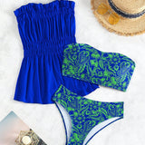 Swim Vcay Conjunto De 3 Piezas De Traje De Bano De Mujer, Que Incluye Top Bandeau Y Pantalon, Y Camiseta Para Cubrir, Todo Con Estampado Floral Y Color Liso. Ideal Para Verano, Playa, Luna De Miel, Viaje, Vacaciones Y Piscina.