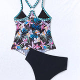 Swim Vcay Conjunto De Tankini De Top Halter Estampado De Hojas Para Mujeres Y Fondo Triangular De Color Solido