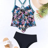 Swim Vcay Conjunto De Tankini De Top Halter Estampado De Hojas Para Mujeres Y Fondo Triangular De Color Solido