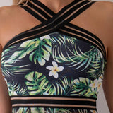 Swim Conjunto De Tankini Estampado Tropical De Cintura Alta