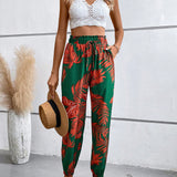 VCAY Pantalones Pitillo Con Cintura Paperbag Y Estampado Tropical