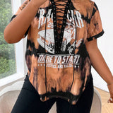 Coolane Plus Size Women's Car And Letter Printed Tie Dye T-Shirt