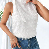 Blusa Sin Mangas Y Suelta De Mujer Con Cuello Alto De Tetura De Flecos Y Cintura Ajustable Para Un Elegante Look De Verano