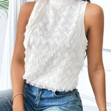 Blusa Sin Mangas Y Suelta De Mujer Con Cuello Alto De Tetura De Flecos Y Cintura Ajustable Para Un Elegante Look De Verano