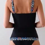 Swim Conjunto De Traje De Bano Tankini Con Estampado De Leopardo Y Cortes Combinados