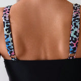 Swim Conjunto De Traje De Bano Tankini Con Estampado De Leopardo Y Cortes Combinados