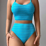 Swim Conjunto De Tanquini De 2 Piezas Con Cuello Redondo, Tirantes De Espagueti Con Cintura Alta Y Textura De Un Solo Color, Traje De Bano