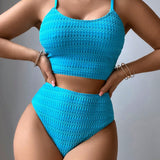 Swim Conjunto De Tanquini De 2 Piezas Con Cuello Redondo, Tirantes De Espagueti Con Cintura Alta Y Textura De Un Solo Color, Traje De Bano