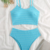 Swim Conjunto De Tanquini De 2 Piezas Con Cuello Redondo, Tirantes De Espagueti Con Cintura Alta Y Textura De Un Solo Color, Traje De Bano