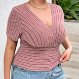 Essnce Plus Size Women's New Summer Fashion Casual Pit Strip Fabric Lotus Root Pink Short-Sleeved Slim T-Shirt