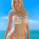 Conjunto De Traje De Bano De Bikini Con Impresiones Florales Pequenas Y Tiras De Hombro Delgadas