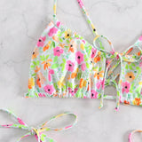 Conjunto De Traje De Bano De Bikini Con Impresiones Florales Pequenas Y Tiras De Hombro Delgadas