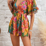 VCAY Tropical Printed Hollow Out Jumpsuit With Ruffle Trim