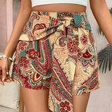 VCAY Pantalones Cortos De Cintura Alta Y Diseno De Lazo Frontal Con Estampado Floral Para Mujeres