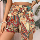 VCAY Pantalones Cortos De Cintura Alta Y Diseno De Lazo Frontal Con Estampado Floral Para Mujeres