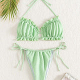 Conjunto De Bikini De Traje De Bano Halterneck Con Textura Y Ribete De Volante, Color Verde Menta