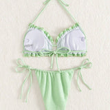 Conjunto De Bikini De Traje De Bano Halterneck Con Textura Y Ribete De Volante, Color Verde Menta