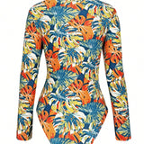 Swim SPRTY Traje De Bano De Una Pieza Con Mangas Largas Y Estampado Tropical Para Mujer, De Moda