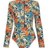 Swim SPRTY Traje De Bano De Una Pieza Con Mangas Largas Y Estampado Tropical Para Mujer, De Moda