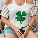 Camiseta De Manga Corta Con Hombros Descubiertos De a Grande Para Mujer Con Estampado De Trebol Brillante De San Patricio, Ideal Para El Verano