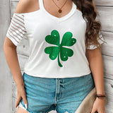 Camiseta De Manga Corta Con Hombros Descubiertos De a Grande Para Mujer Con Estampado De Trebol Brillante De San Patricio, Ideal Para El Verano