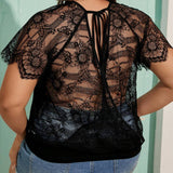 Frenchy Plus Size Lace Splice Back Tie Raglan Sleeve Summer T-Shirt Country Festival Outfits