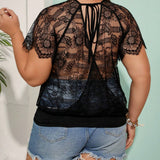 Frenchy Plus Size Lace Splice Back Tie Raglan Sleeve Summer T-Shirt Country Festival Outfits