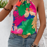 VCAY Blusa De Cuello Halter Con Estampado Floral Para Mujeres