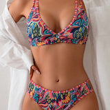 Swim Conjunto De Bikini Con Espalda Abierta Entrecruzada Y Estampado Aleatorio