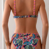 Swim Conjunto De Bikini Con Espalda Abierta Entrecruzada Y Estampado Aleatorio