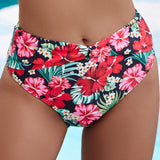 Swim Vcay Fondo De Bikini Impreso De Flores Y Plantas Rosa Roja Para Mujeres, Ideal Para Verano, Playa, Natacion