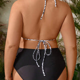 Swim Vcay Top De Bikini Con Cuello Halter De Talla Grande Y Estampado Aleatorio