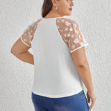Prive Plus Size Women's Elegant 3d Floral Net Yoke Tee, Perfect For Daily Wear And Commuting In Spring And Summer