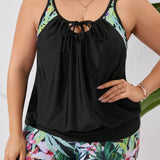 Swim Lushore Conjunto tankini de talla grande con estampado tropical y diseno de patchwork con lazo