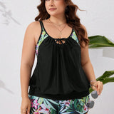 Swim Lushore Conjunto tankini de talla grande con estampado tropical y diseno de patchwork con lazo