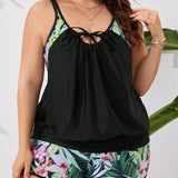 Swim Lushore Conjunto tankini de talla grande con estampado tropical y diseno de patchwork con lazo