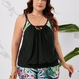 Swim Lushore Conjunto tankini de talla grande con estampado tropical y diseno de patchwork con lazo