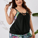 Swim Lushore Conjunto tankini de talla grande con estampado tropical y diseno de patchwork con lazo